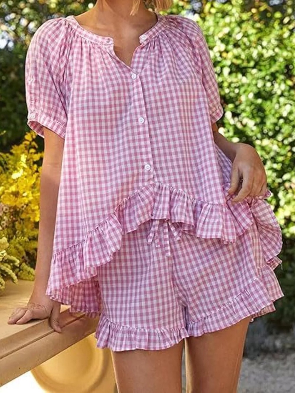 Piyama  Pink Gingham Ruffle Pajama Set - Picture 2 of 4